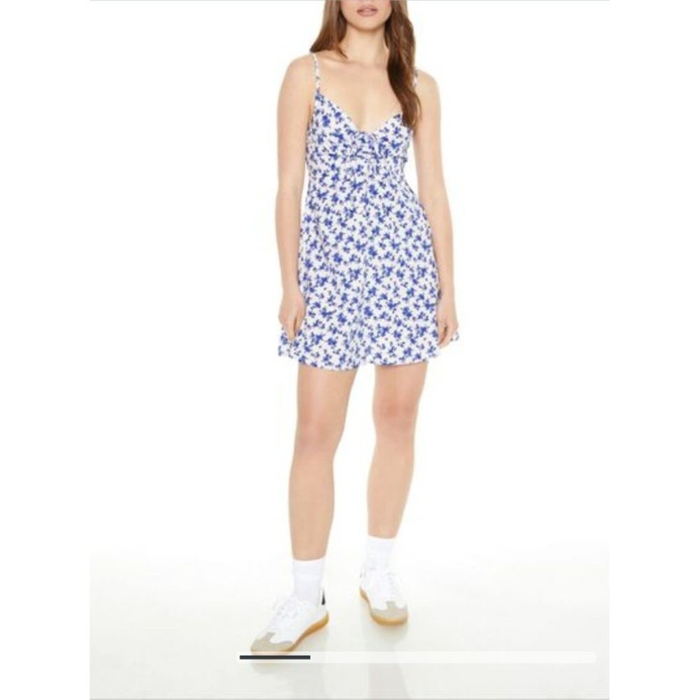Forever 21 Floral Blue White Mini Dress Tie Front Summer Casual Sundress XS